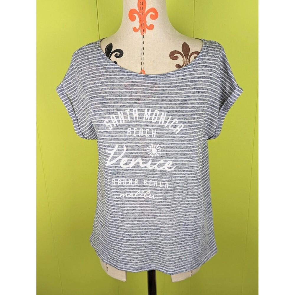 W5 Womens L Poly FLAX Blend Santa Monica Venice Laguna Malibu Striped Tee Gray